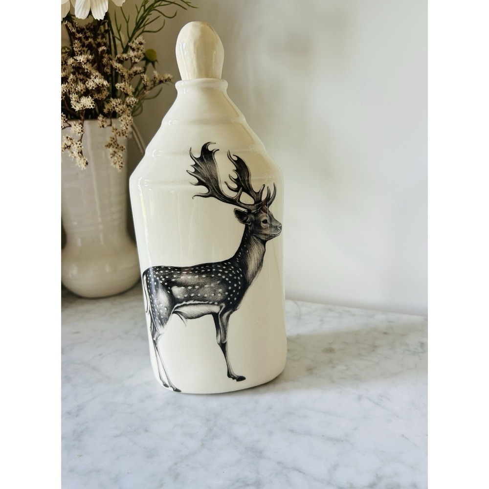 Laura Zindel Designs Ceramic Bottle Rare Buck Deer Art Pottery w/ Stopper 9"